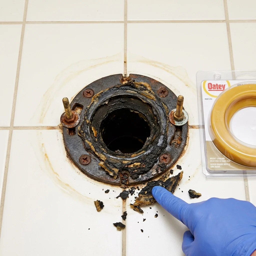 Failed wax ring showing water seepage at the base of a toilet in a Danville, OH home