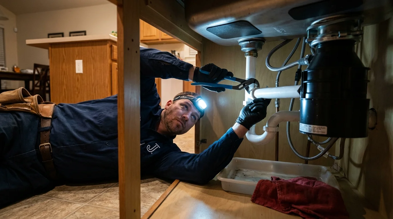 P-trap and supply line connections under a kitchen sink showing a common leak point in Danville, OH